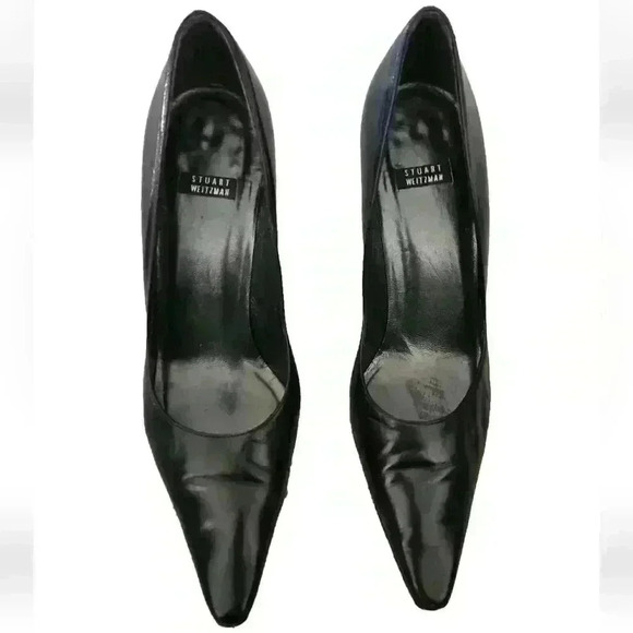 Stewart Weitzman Women's Black Leather Pointed Toe Pump 8 - Picture 3 of 13